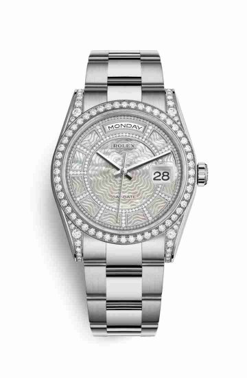 Swiss Replica Rolex Day-Date 36 diamonds 118389 Carousel of white mother-of-pearl Dial Watch - Click Image to Close