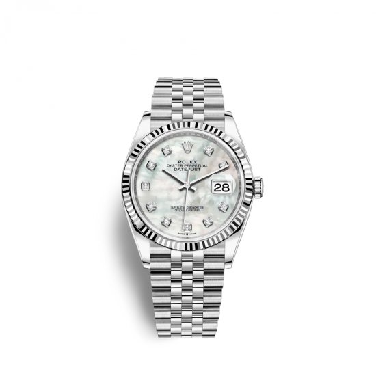 Fake Rolex Datejust 36 Oystersteel 18 ct white gold M126234-0019 White mother-of-pearl set with diamonds Dial Watch - Click Image to Close