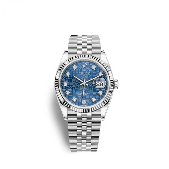 Fake Rolex Datejust 36 Oystersteel 18 ct white gold M126234-0011 Blue jubilee design set with diamonds Dial Watch - Click Image to Close