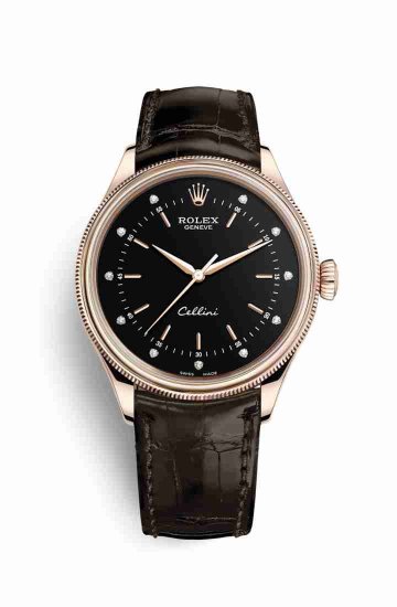 Swiss Replica Rolex Cellini Time Everose gold 50505 Black diamonds Watch - Click Image to Close