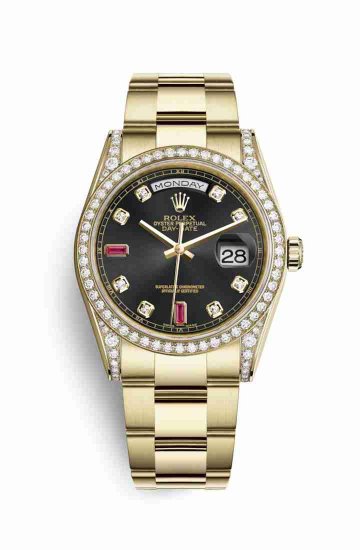 Swiss Replica Rolex Day-Date 36 118388 Black diamonds rubies Dial Watch - Click Image to Close