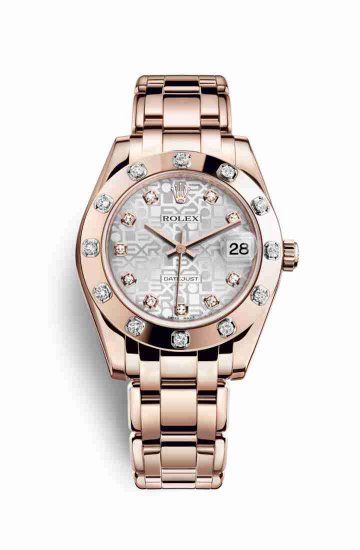 Swiss Replica Rolex Pearlmaster 34 Everose gold 81315 Silver Jubilee diamonds Watch - Click Image to Close