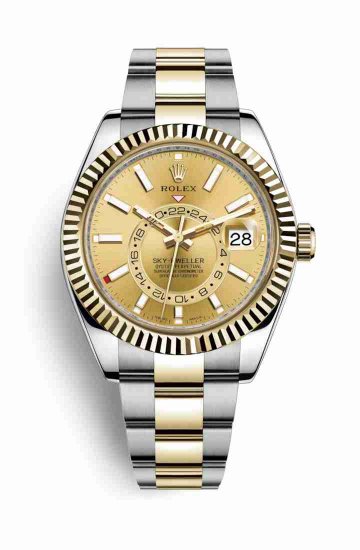 Swiss Replica Rolex Sky-Dweller Yellow 326933 Champagne Dial Watch - Click Image to Close