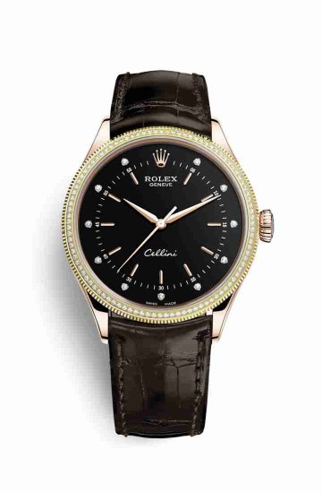 Swiss Replica Rolex Cellini Time Everose gold 50605RBR Black diamonds Watch - Click Image to Close