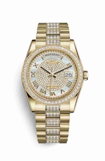 Swiss Replica Rolex Day-Date 36 118348 White mother-of-pearl diamond paved Dial Watch - Click Image to Close