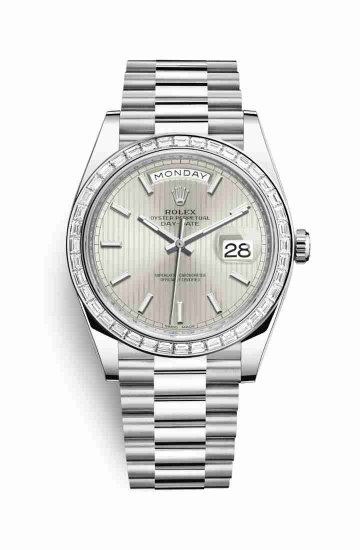 Swiss Replica Rolex Day-Date 40 Platinum 228396TBR Silver stripe motif Dial Watch - Click Image to Close