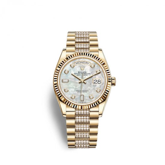 Fake Rolex Day-Date 36 18 ct yellow gold M128238-0032 White mother-of-pearl set with diamonds Dial Watch - Click Image to Close