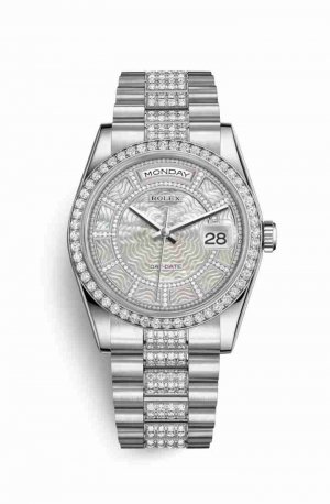 Swiss Replica Rolex Day-Date 36 Platinum 118346 Carousel of white mother-of-pearl Dial Watch