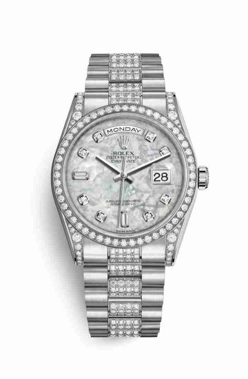 Swiss Replica Rolex Day-Date 36 diamonds 118389 White mother-of-pearl diamonds Watch - Click Image to Close