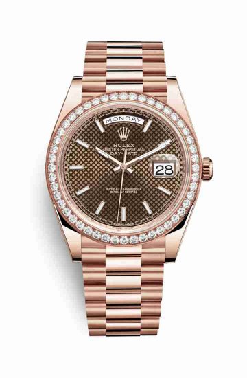 Swiss Replica Rolex Day-Date 40 Everose gold 228345RBR Chocolate diagonal motif Dial Watch - Click Image to Close