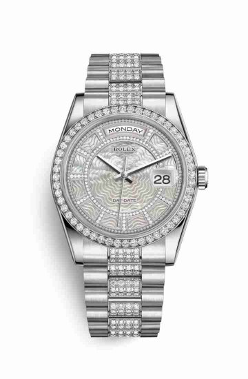 Swiss Replica Rolex Day-Date 36 Platinum 118346 Carousel of white mother-of-pearl Dial Watch - Click Image to Close