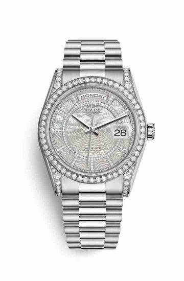 Swiss Replica Rolex Day-Date 36 diamonds 118389 Carousel of white mother-of-pearl Dial Watch - Click Image to Close