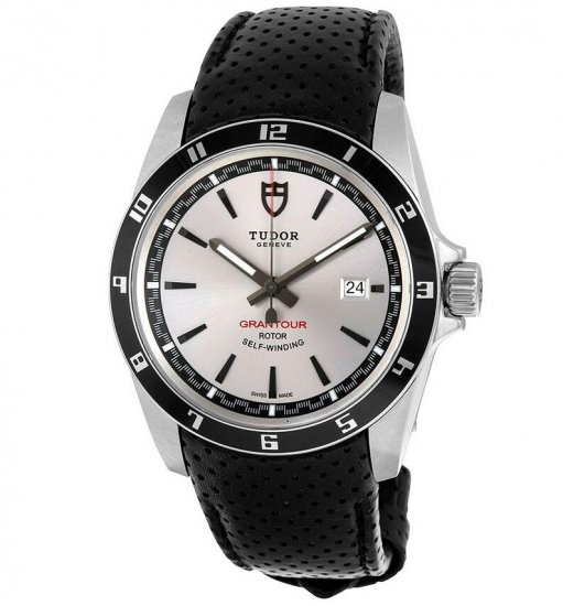 Tudor Grantour Silver Dial Black Microperforated Leather Men's W - Click Image to Close