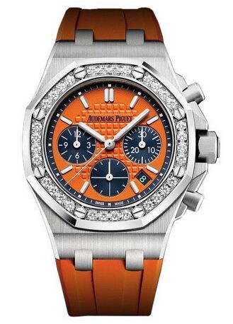 Swiss Replica Audemars Piguet Royal Oak Offshore Selfwinding Chronograph Orange Index Diamond Stainless Steel Rubber 37mm 26231ST.ZZ.D070CA.01 - Click Image to Close