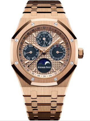 Swiss Replica Audemars Piguet Royal Oak Perpetual Calendar 41 Pink Gold Blue 26584OR.OO.1220OR.01 - Click Image to Close