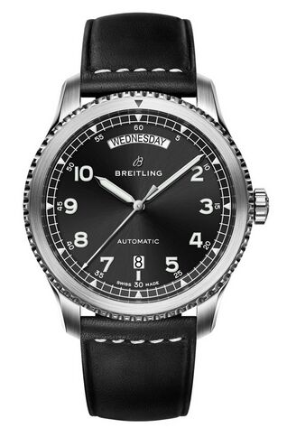 Swiss Replica Breitling Navitimer 8 Day & Date Black Dial Leather Strap A45330101B1X1 - Click Image to Close