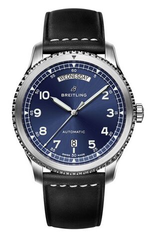 Swiss Replica Breitling Navitimer 8 Day & Date Blue Dial Leather Strap A45330101C1X1 - Click Image to Close