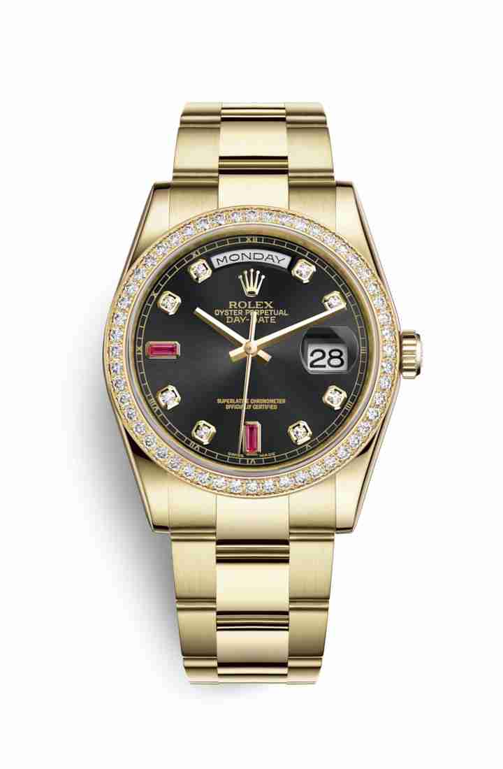 Swiss Replica Rolex Day-Date 36 118348 Black diamonds rubies Dial Watch