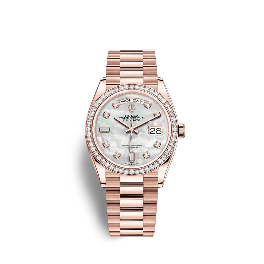 Fake Rolex Day-Date 36 18 ct Everose gold M128345RBR-0028 White mother-of-pearl set with diamonds Dial Watch