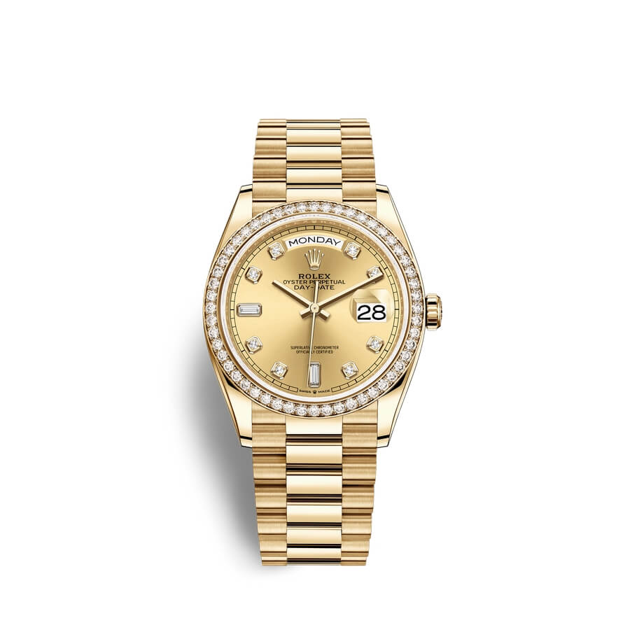 Fake Rolex Day-Date 36 18 ct yellow gold M128348RBR-0008 Champagne-colour set with diamonds Dial Watch